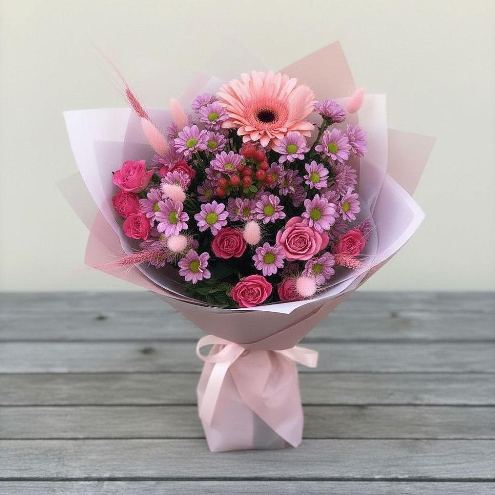 Букет цветов из: Розы, Герберы и Хризантемы в Беломечетской