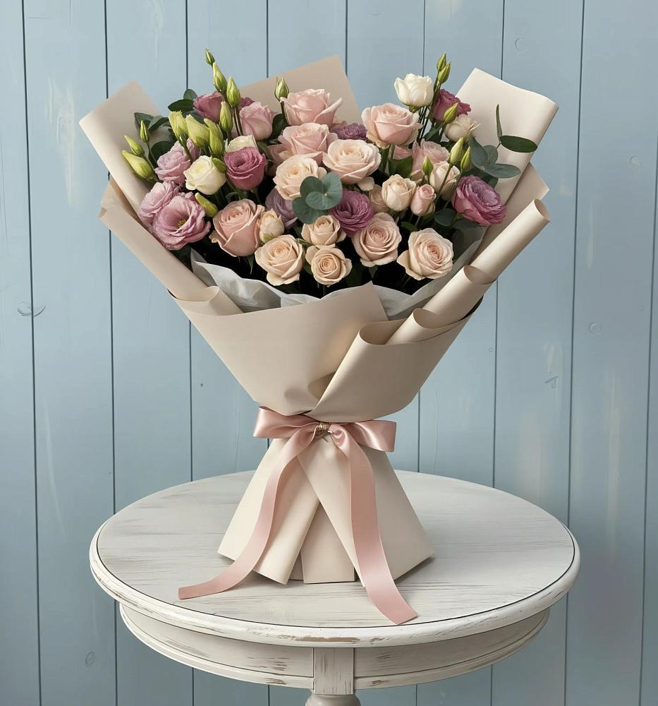 Букет цветов из: Розы и Лизиантусы в Беломечетской