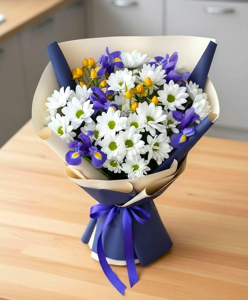 Букет цветов из: Розы, Ирисы и Хризантемы в Беломечетской