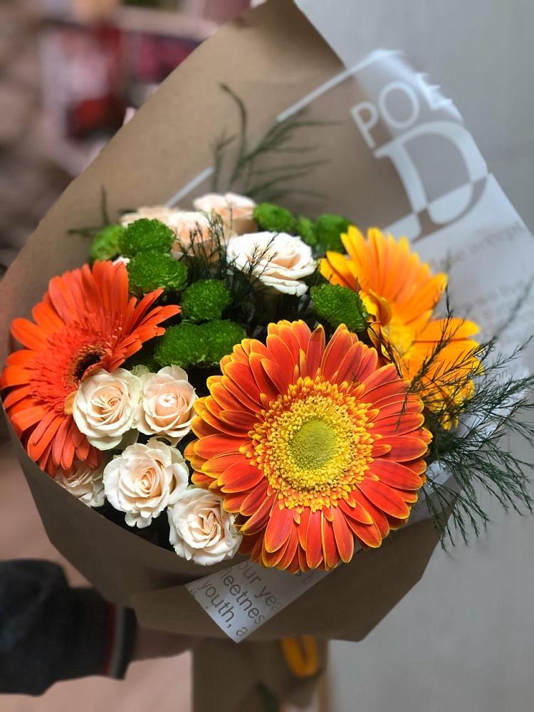 Букет цветов из: Герберы, Хризантемы и Розы в Беломечетской